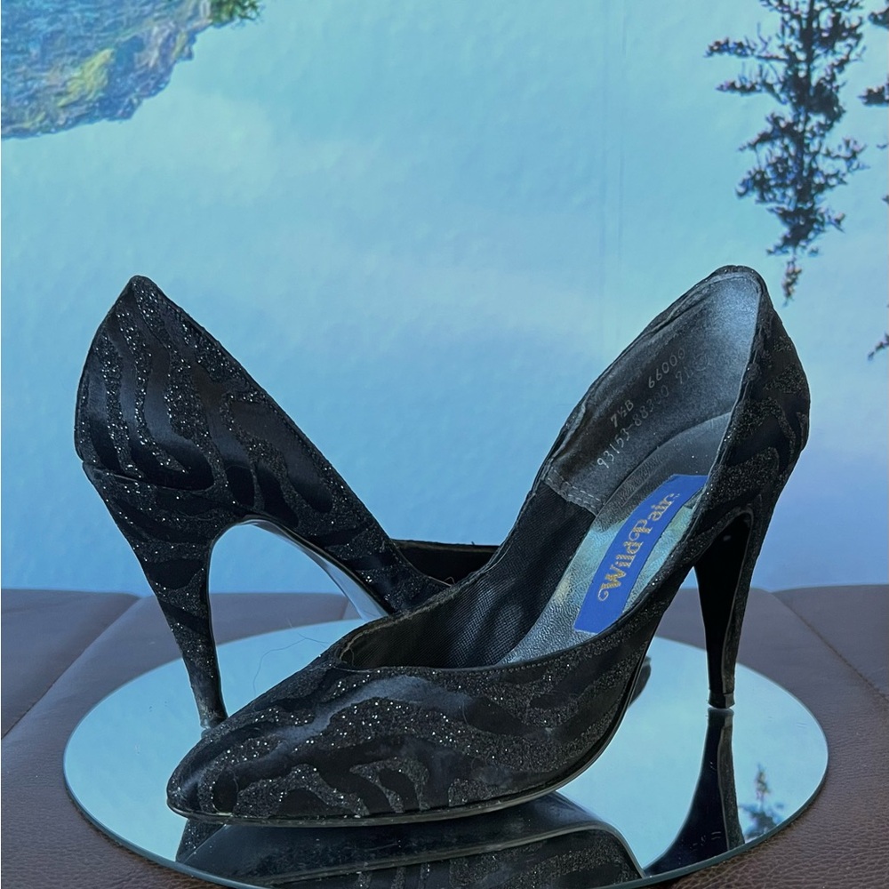 Vintage Wild Pair Black Satin Heels with Glitter Animal Print Size 7 1/2